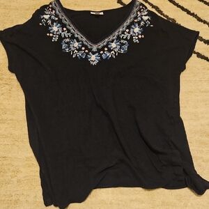 J. Jill Navy Top with Blue and White Embroidery